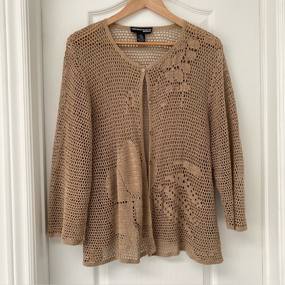 Norton McNaughton Crochet Mesh Cardigan Floral Embroidered 2X Tan